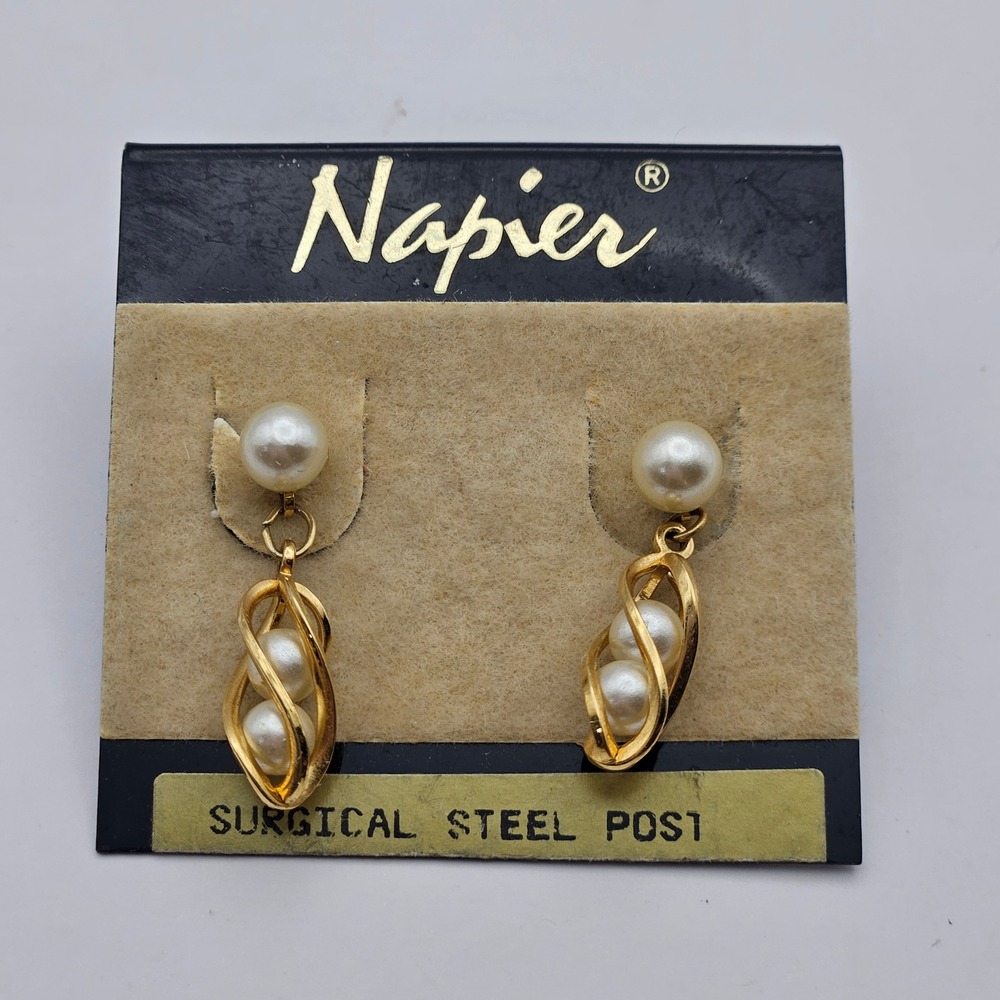 Napier Gold Tone Faux Pearl Twisted Cage Drop Earrings Surgical Steel Post